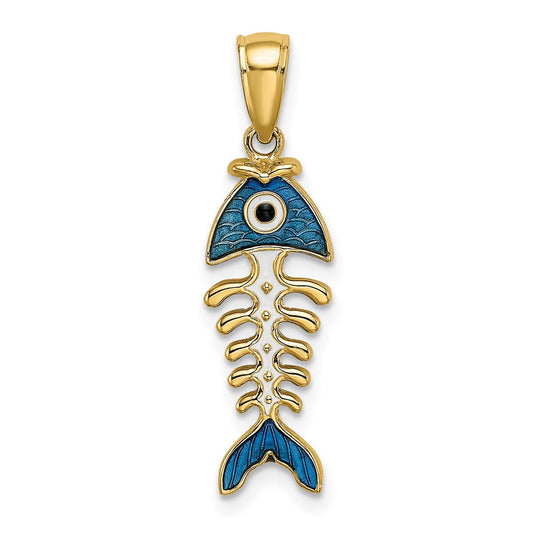14k 3D  Blue Enamel Fish Bone Charm