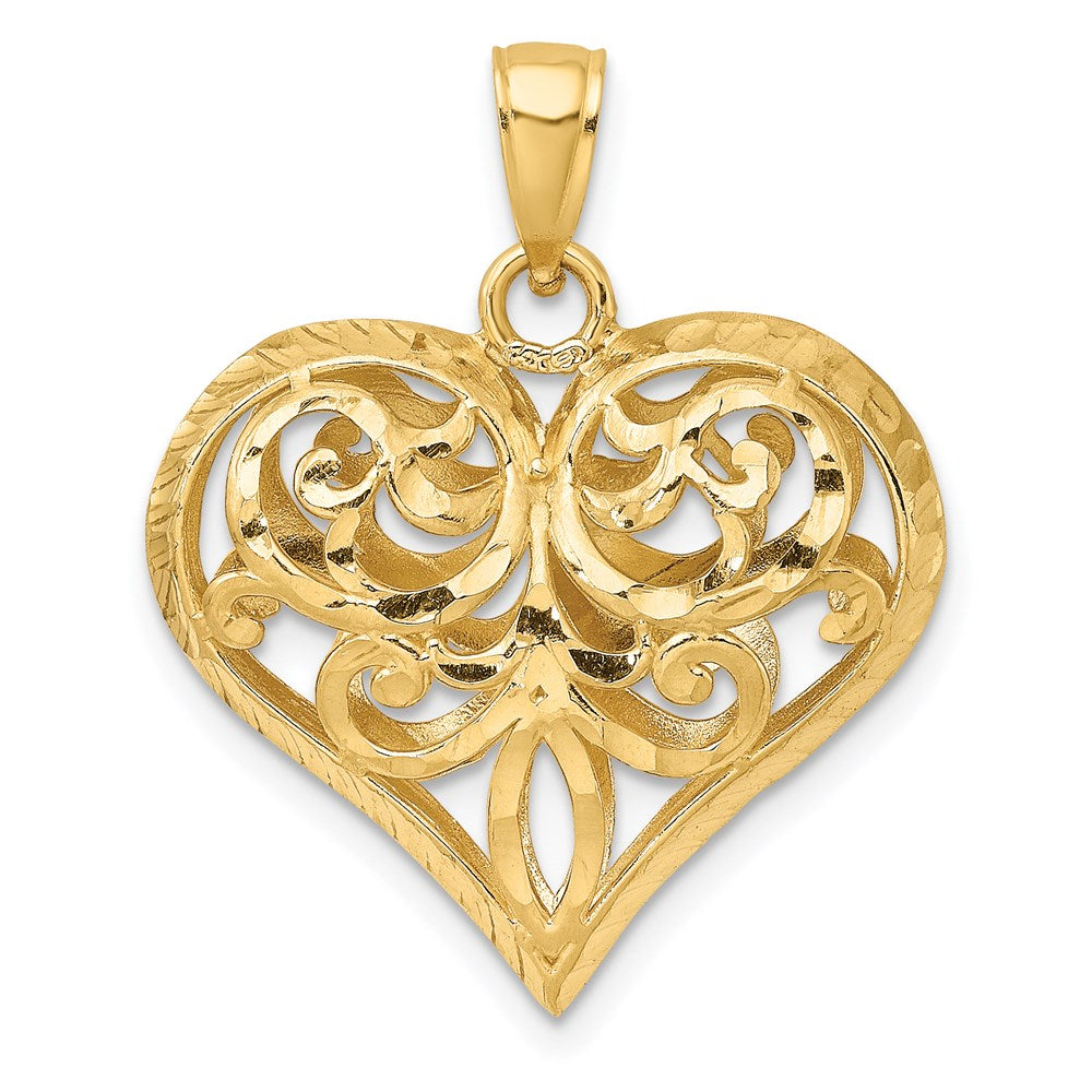 14K 3-D Diamond-cut Filigree Puffed Heart Charm