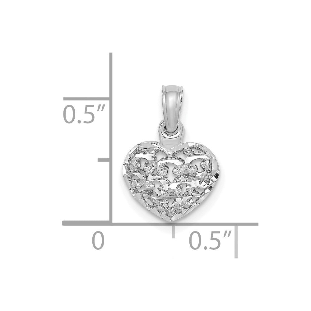 14K White Gold 3-D Diamond-cut Mini Puffed Heart Charm