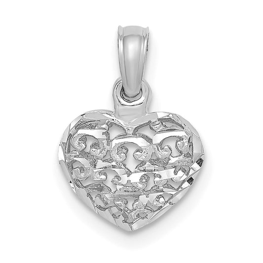 14K White Gold 3-D Diamond-cut Mini Puffed Heart Charm