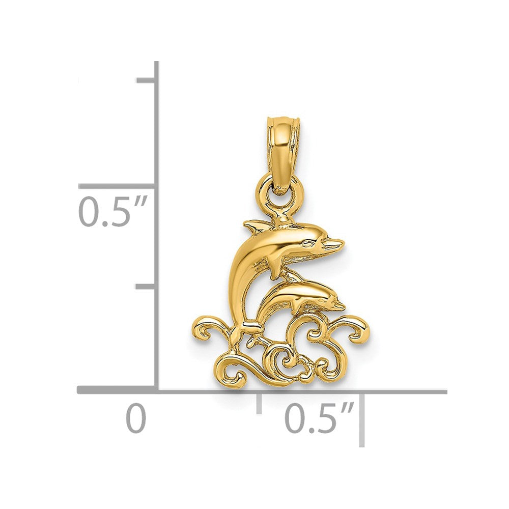 14K Textured Mini Double Dolphins and Waves Charm