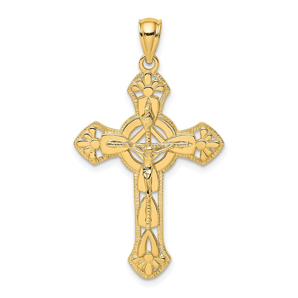 14K Textured Crucifix W/ Arrow Charm