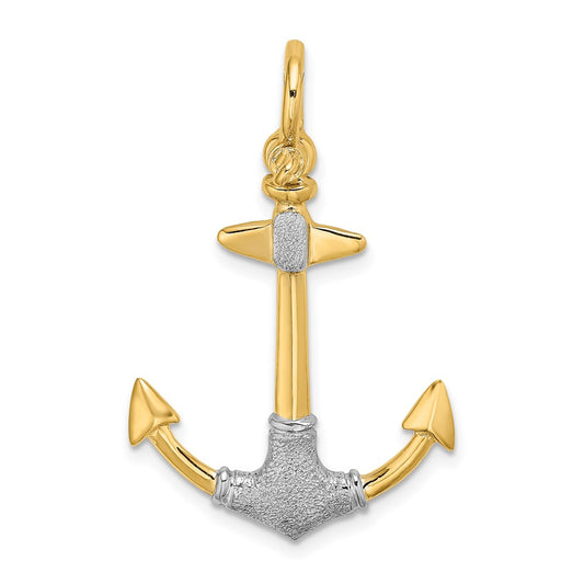 14K w/Rhodium 3-D Textured Anchor W/ Shackle Bail Charm