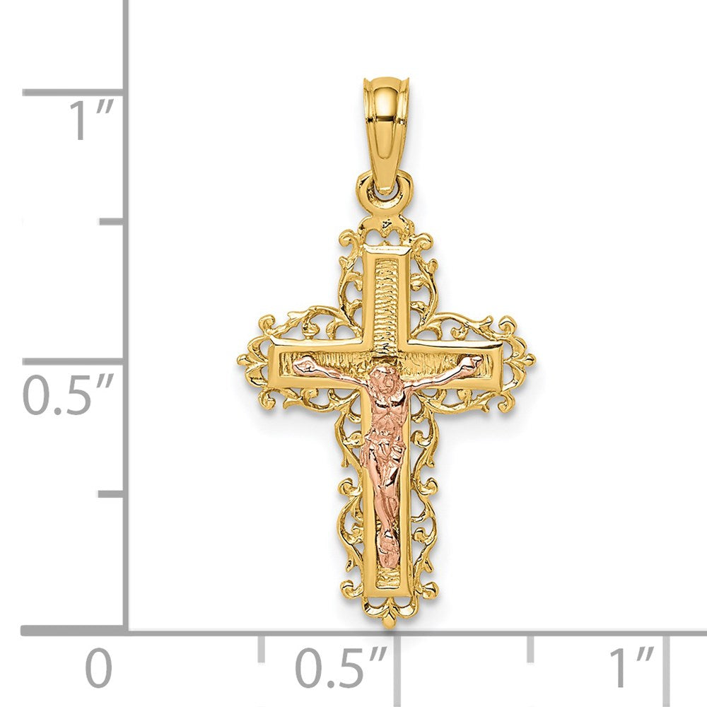 14K Two-Tone Crucifix W/ Lace Trim Charm