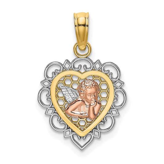14K Two-tone w/White Rhodium Small Angel In Heart Charm