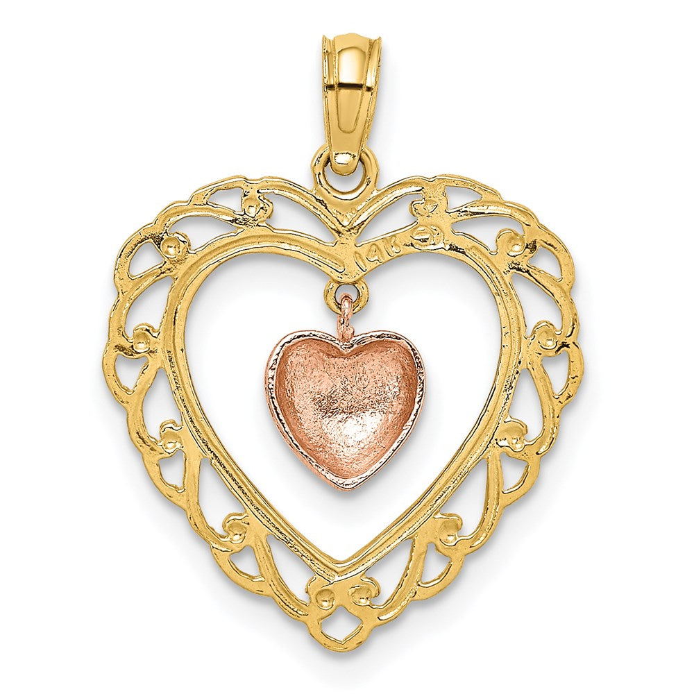 14k Yellow and Rose Gold Polished Dangling Heart In Heart Charm