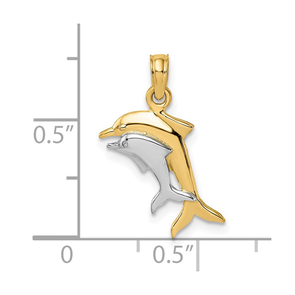14K w/ Rhodium 2-D Polished Dolphins Charm