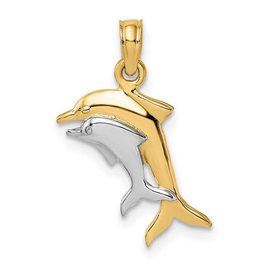 14K w/ Rhodium 2-D Polished Dolphins Charm