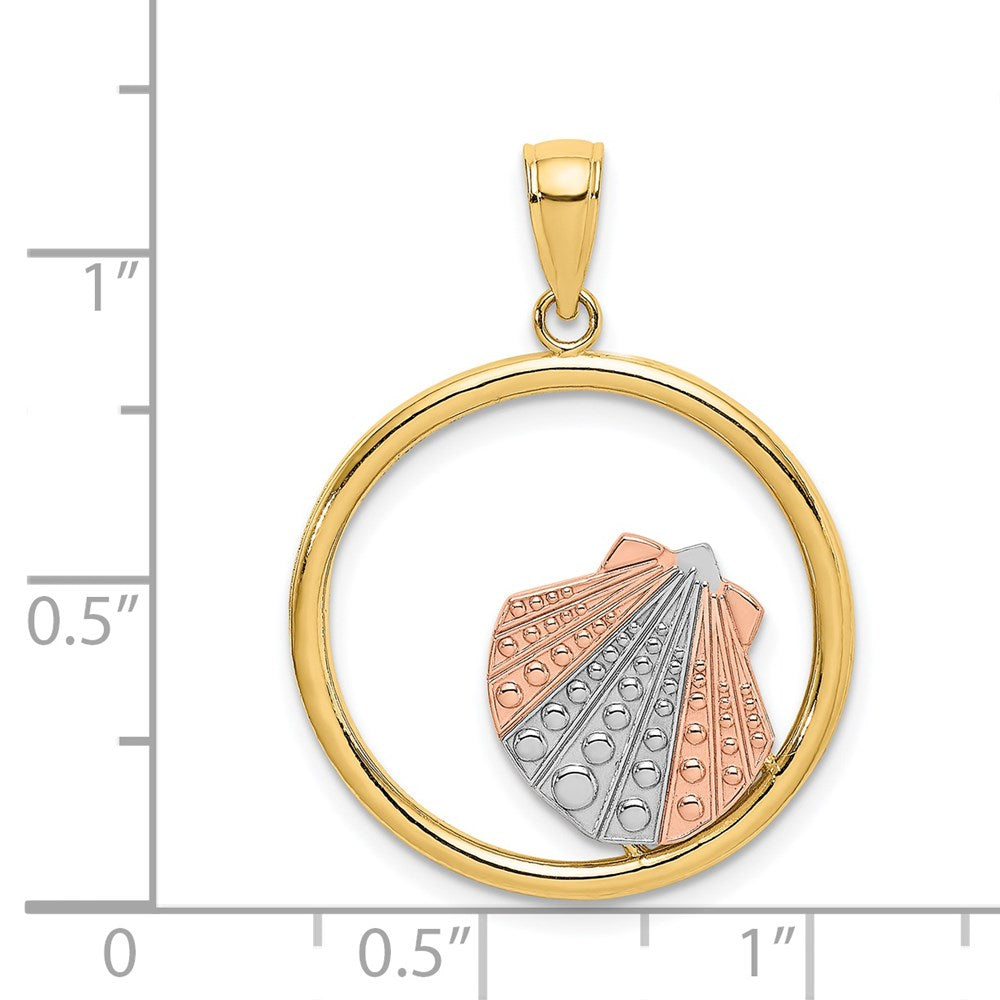 14K Two-tone w/White Rhodium Scallop Shell In Circle Charm