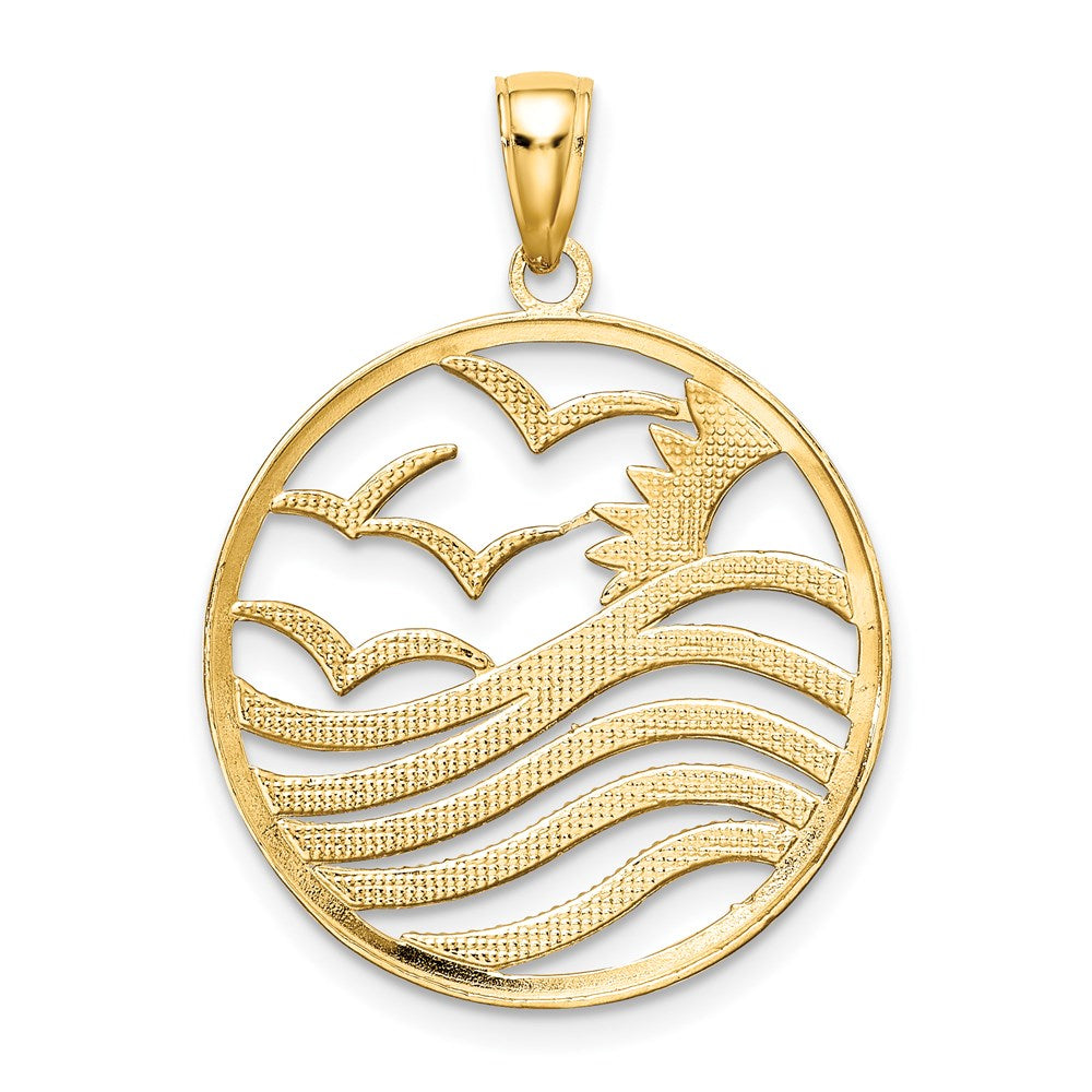 14k w/Rhodium Sunset and Seagulls In Circle Pendant