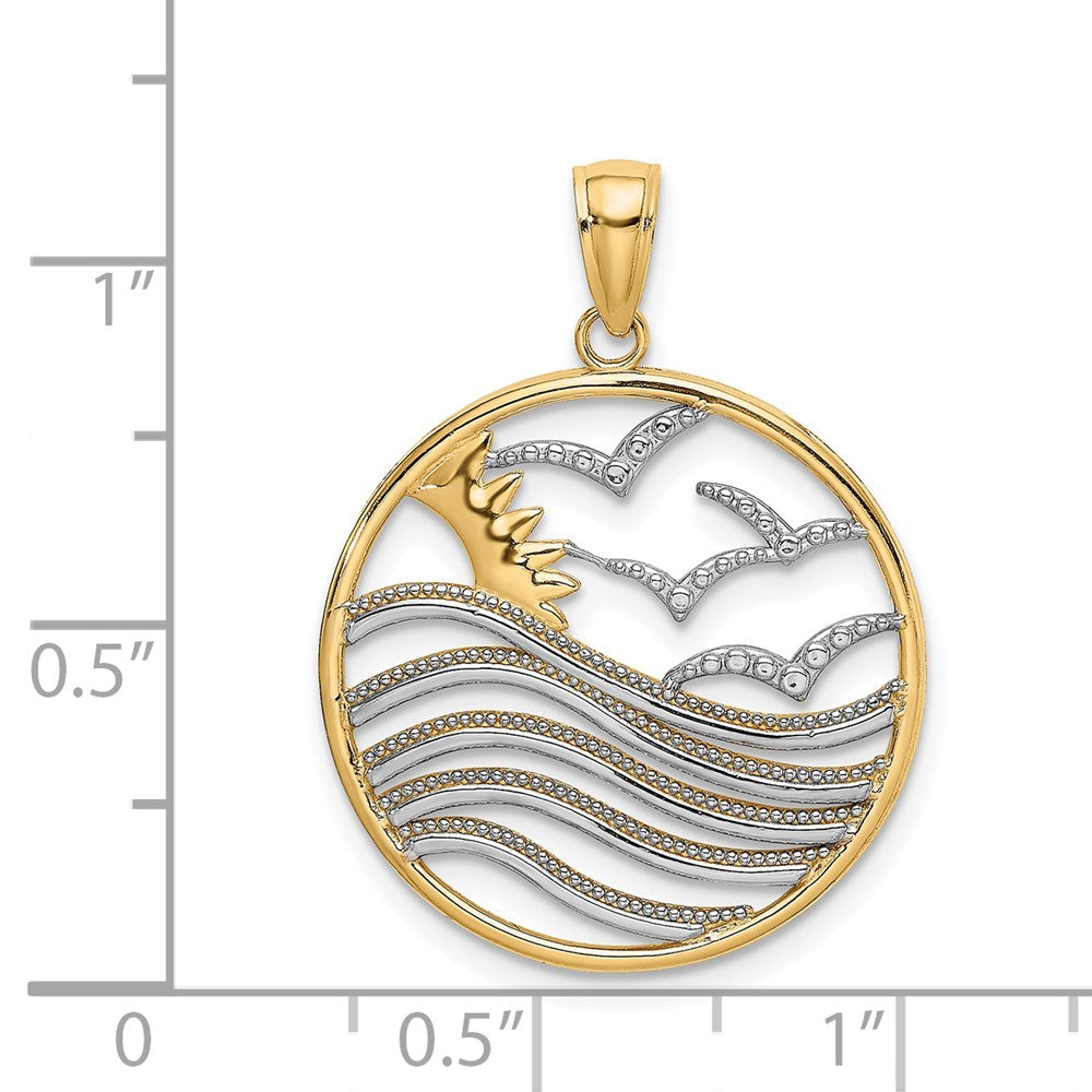 14k w/Rhodium Sunset and Seagulls In Circle Pendant