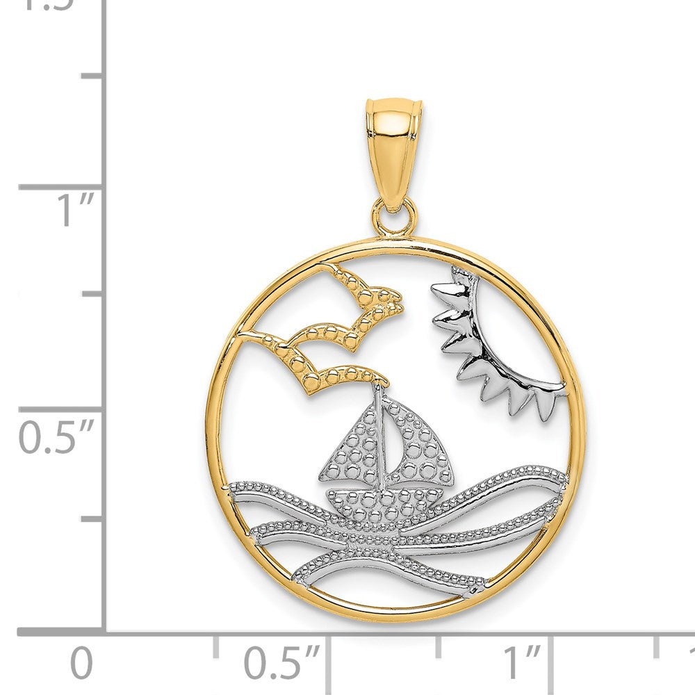 14k w/Rhodium Sun Sailboat Water Seagulls Circle Charm
