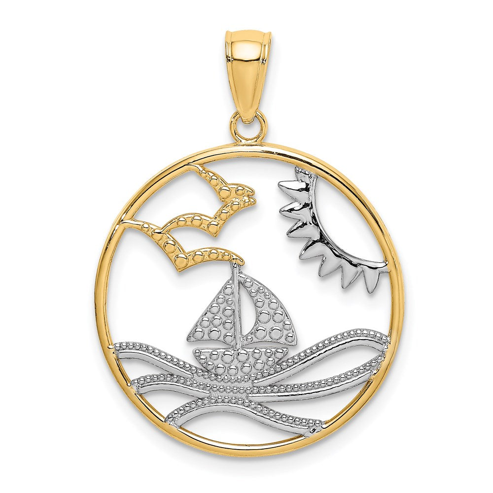 14k w/Rhodium Sun Sailboat Water Seagulls Circle Charm
