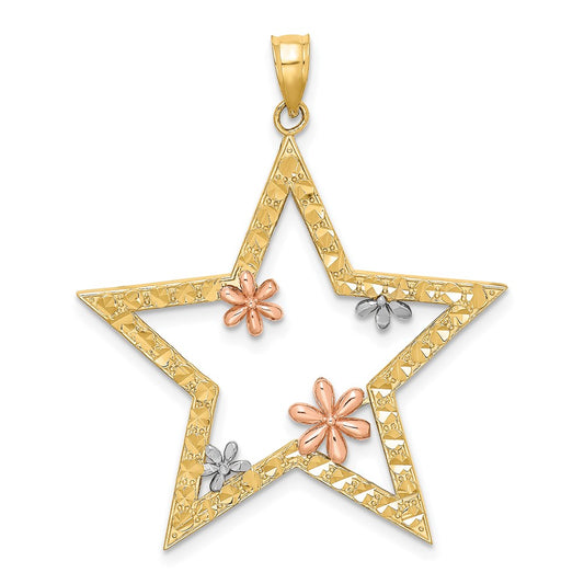 14k Two-tone w/White Rhodium Star w/Flowers Charm