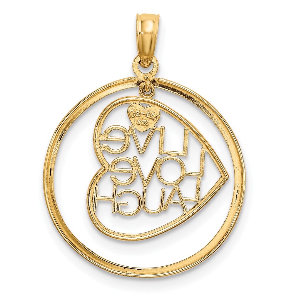 14k w/Rhodium LIVE LOVE LAUGH Heart Dangling In Circle Charm