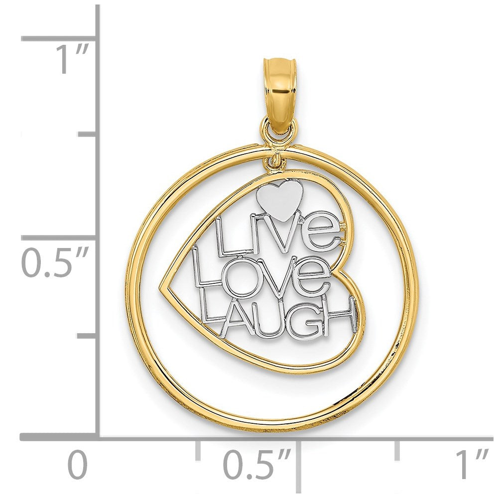14k w/Rhodium LIVE LOVE LAUGH Heart Dangling In Circle Charm