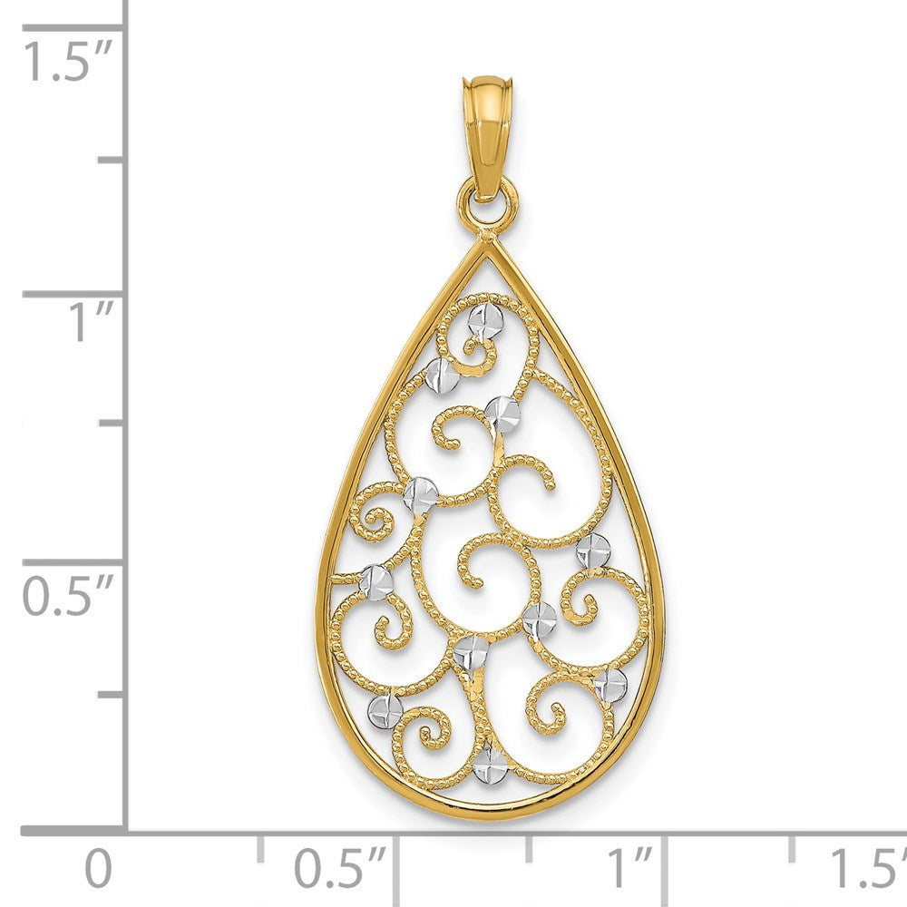 14K w/Rhodium Beaded Filigree D/C Teardrop Charm