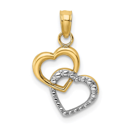 14k w/ Rhodium Polished and Textured Intertwined Hearts Charm