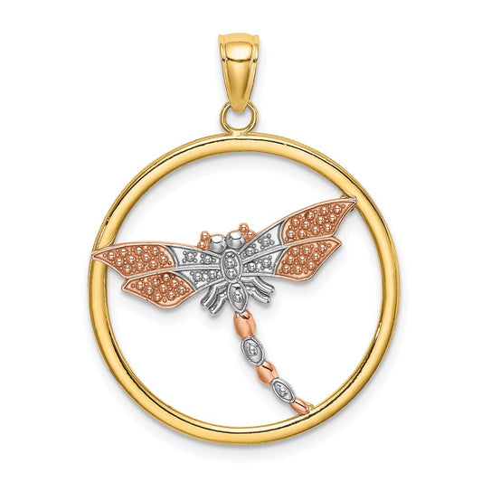 14k Two-tone White Rhodium Textured Dragonfly in Round Frame Charm