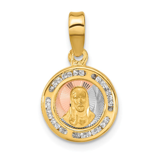 14K with Rose and White Rhodium Polished CZ Sagrado Corazon Round Pendant