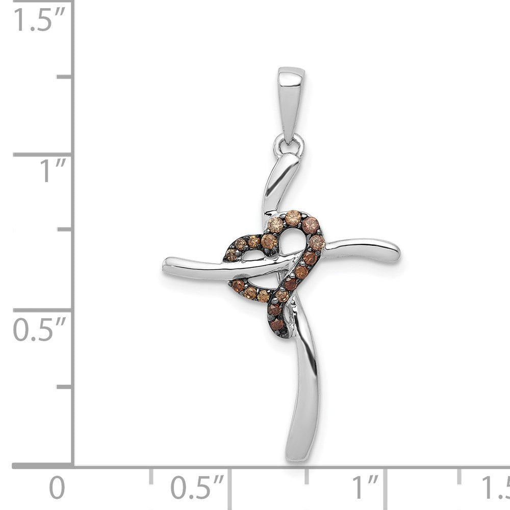 14k White Gold 1/10ct. Champagne Diamond Heart Cross Pendant