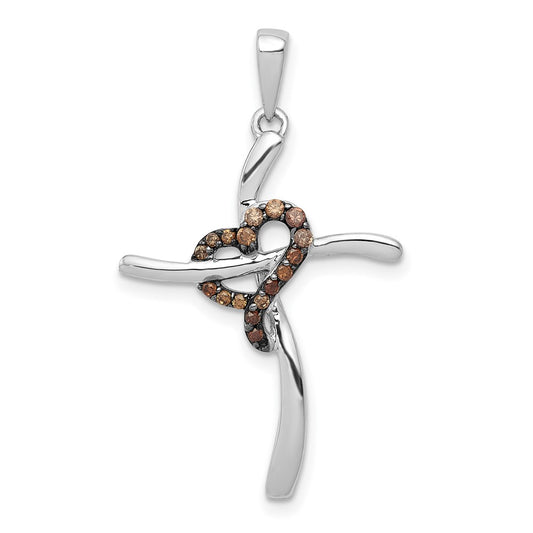 14k White Gold 1/10ct. Champagne Diamond Heart Cross Pendant