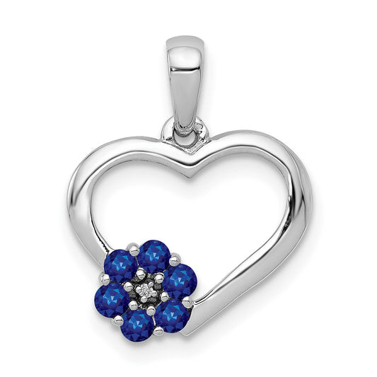 14k White Gold Diamond and Sapphire Heart w/ Flower Pendant