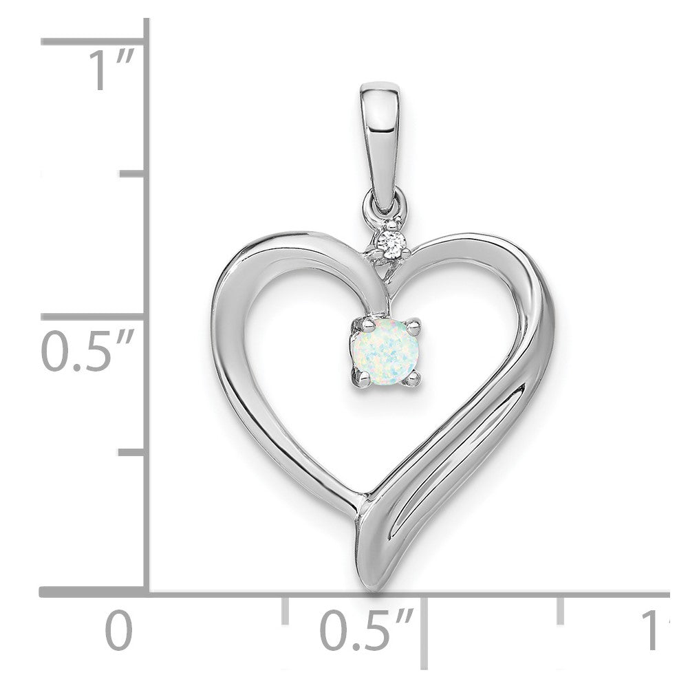14k White Gold Created Opal and Diamond Heart Pendant