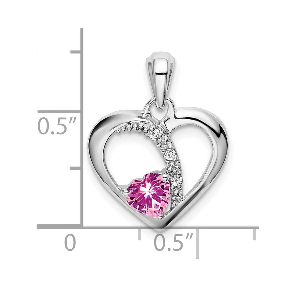 14k White Gold Created Pink Sapphire and Diamond Heart Pendant