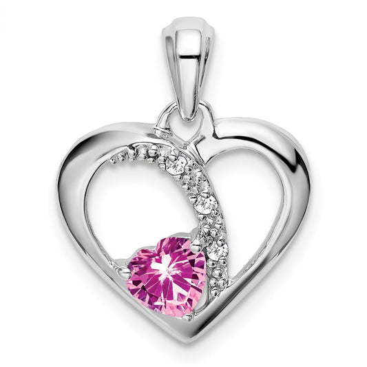 14k White Gold Created Pink Sapphire and Diamond Heart Pendant