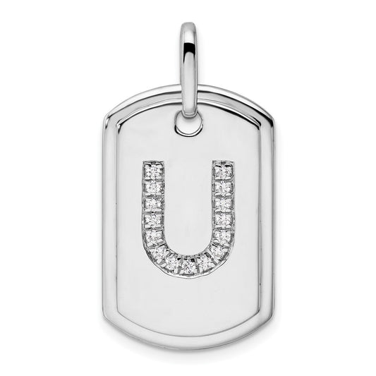 14K White Gold  Diamond Initial U Dog Tag Charm
