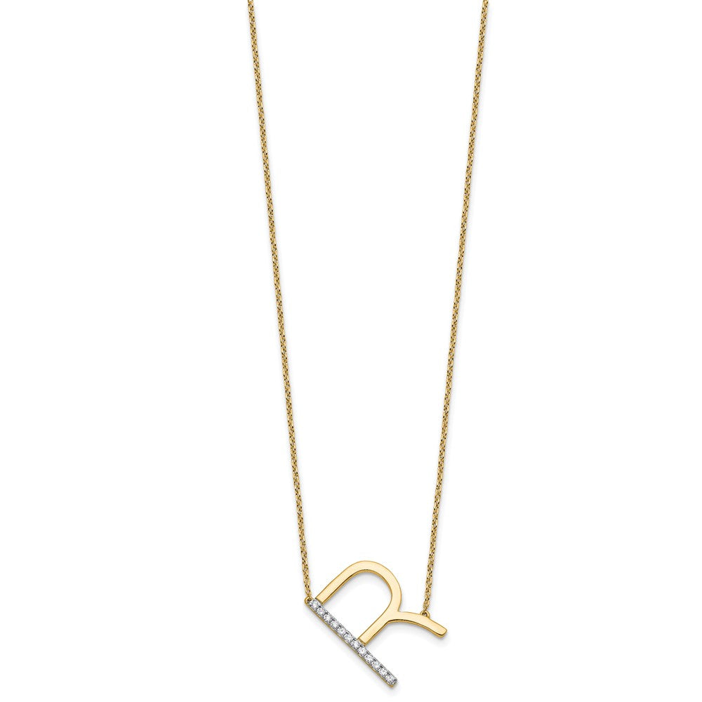 14K Sideways Diamond Initial R Necklace