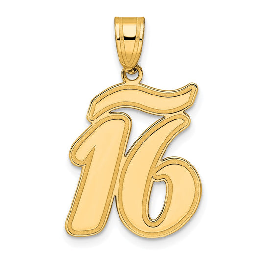 14k Brushed Border Script Number 16 Pendant