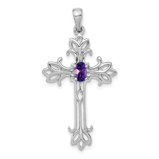 14k White Gold 5x3mm Oval Amethyst cross pendant