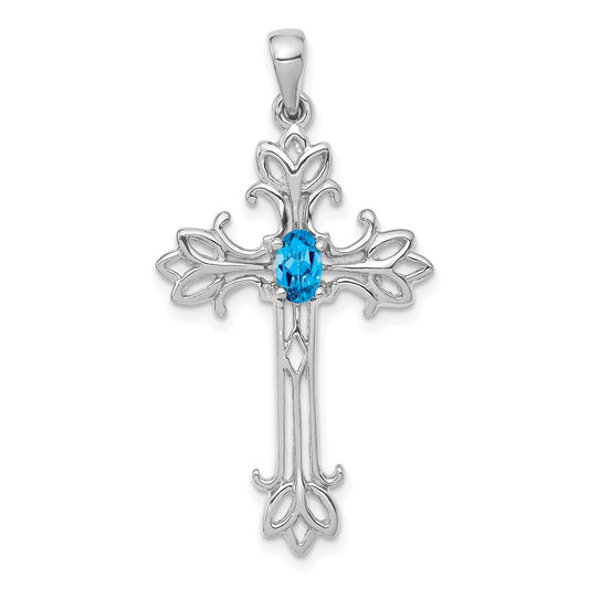14k White Gold 5x3mm Oval Blue Topaz cross pendant