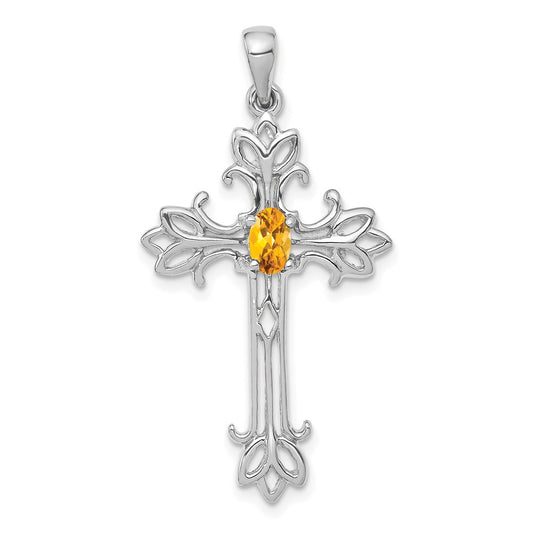 14k White Gold 5x3mm Oval Citrine cross pendant