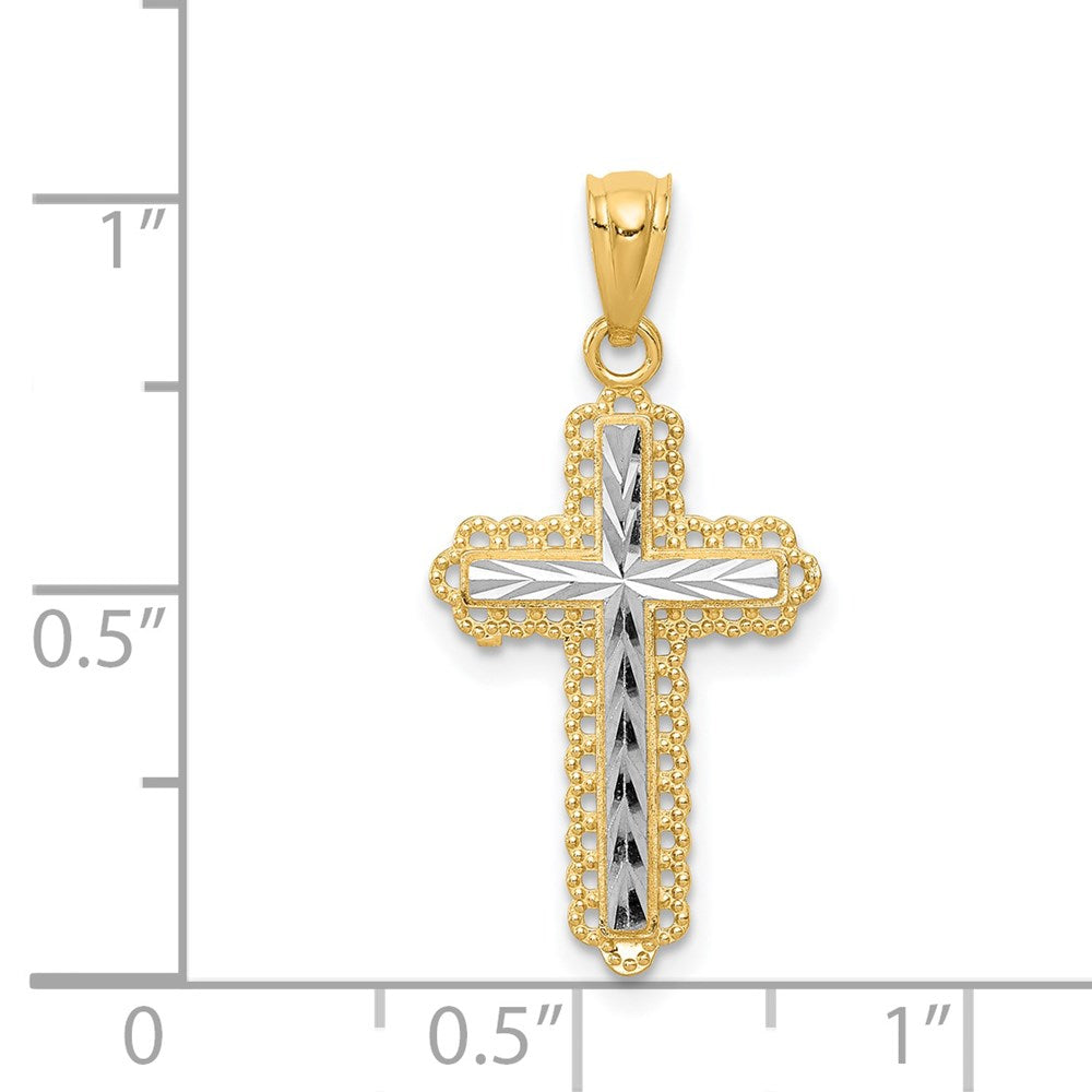 14K w/Rhodium Diamond Cut Cross Pendant