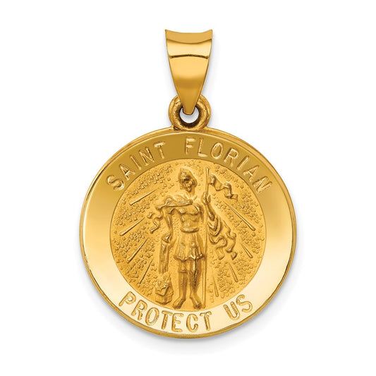 14k Polished and Satin St Florian Medal Hollow Pendant
