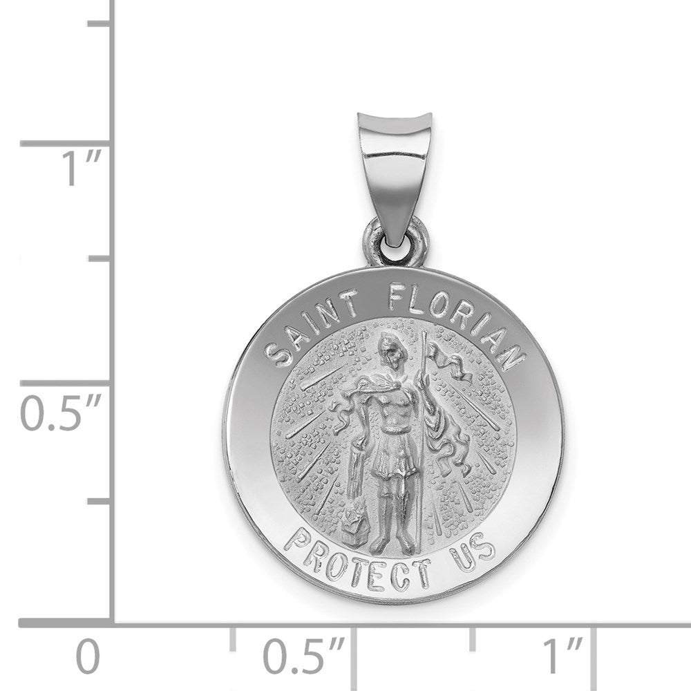 14k White Gold Polished and Satin St Florian Medal Hollow Pendant