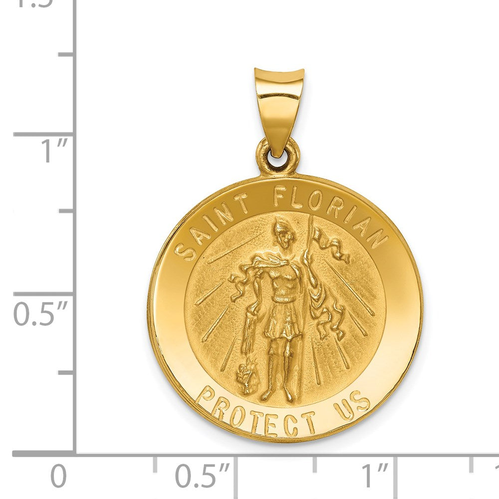 14k Polished and Satin St Florian Medal Hollow Pendant