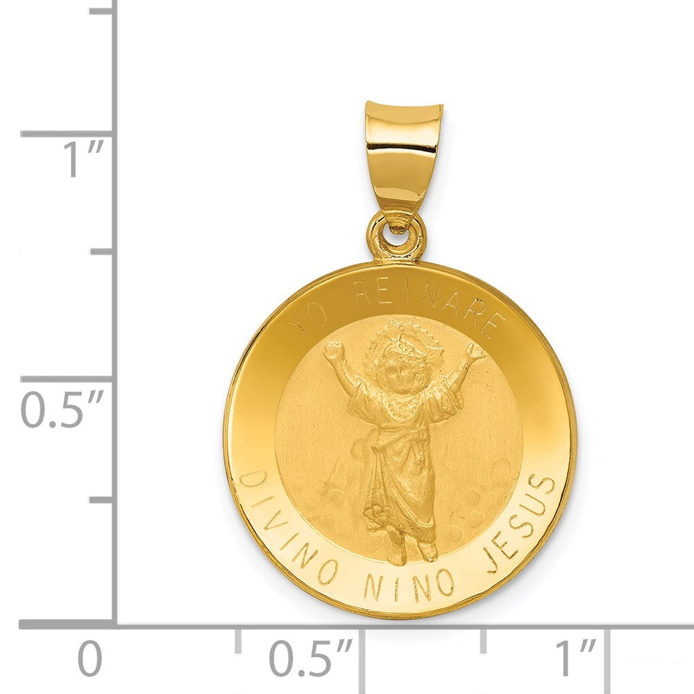 14K Polished Satin Hollow Divino Nino Round Medal Pendant