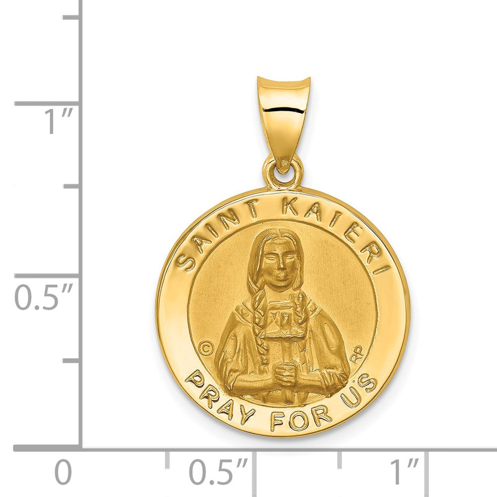 14K Polished / Satin St. Kateri Hollow Medal Pendant