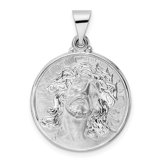 14k White Gold Polished and Satin Hollow Jesus Face Disc Pendant