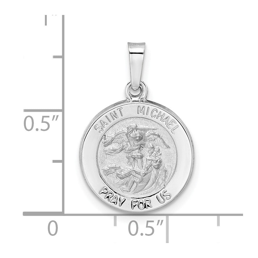 14k White Gold Polished and Satin Hollow St Michael Medal Pendant