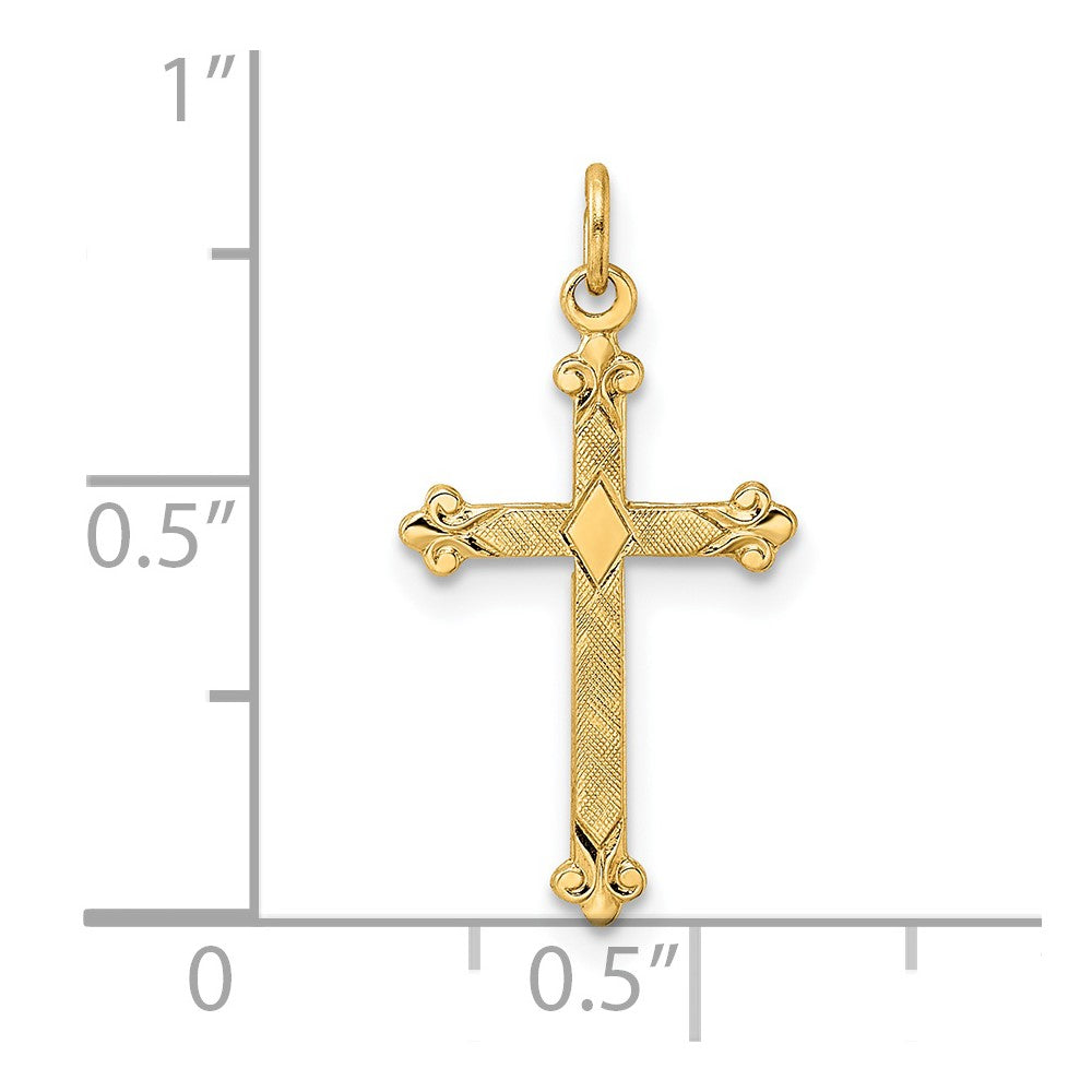 14k Polished and Textured Solid Diamond Shape Cross Pendant