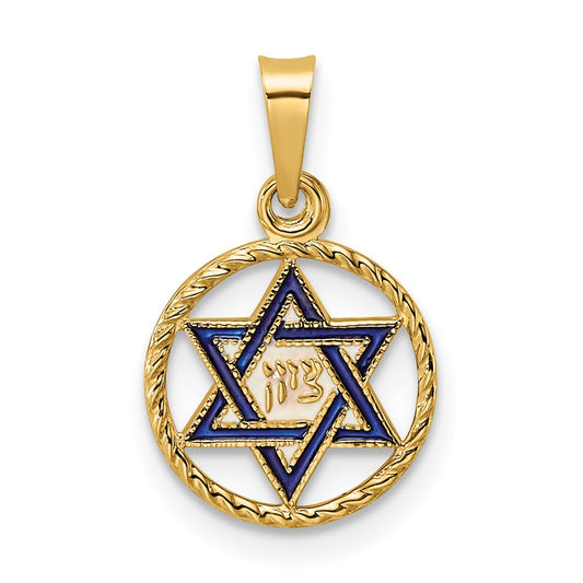 14k Polished Solid Enameled Star of David in Frame Pendant