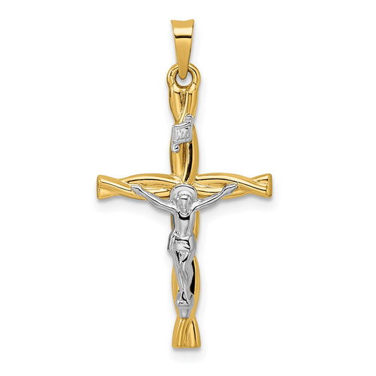 14k Two-tone Polished Hollow INRI Crucifix Twisted Cross Pendant