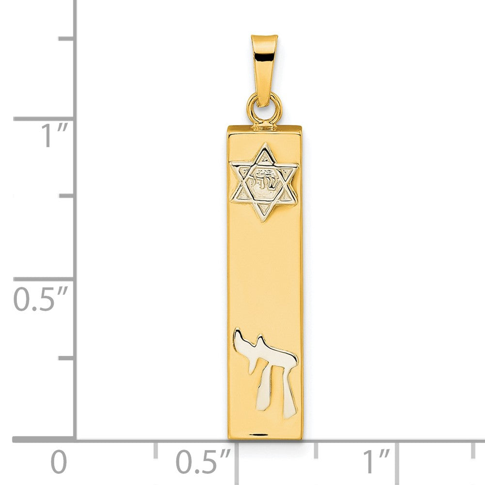 14k Two-tone Polished Hollow Mezuzah w/Star of David and Chai Pendant