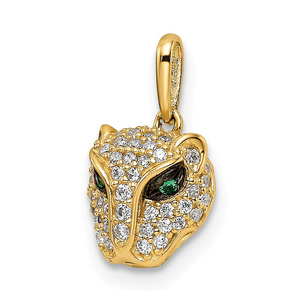 14K Polished Green & White CZ Lioness Head Pendant
